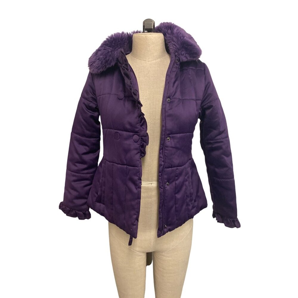 Purple Rothschild Girls Fur-Trimmed Puffer Jacket Size M (10/12) Polyester